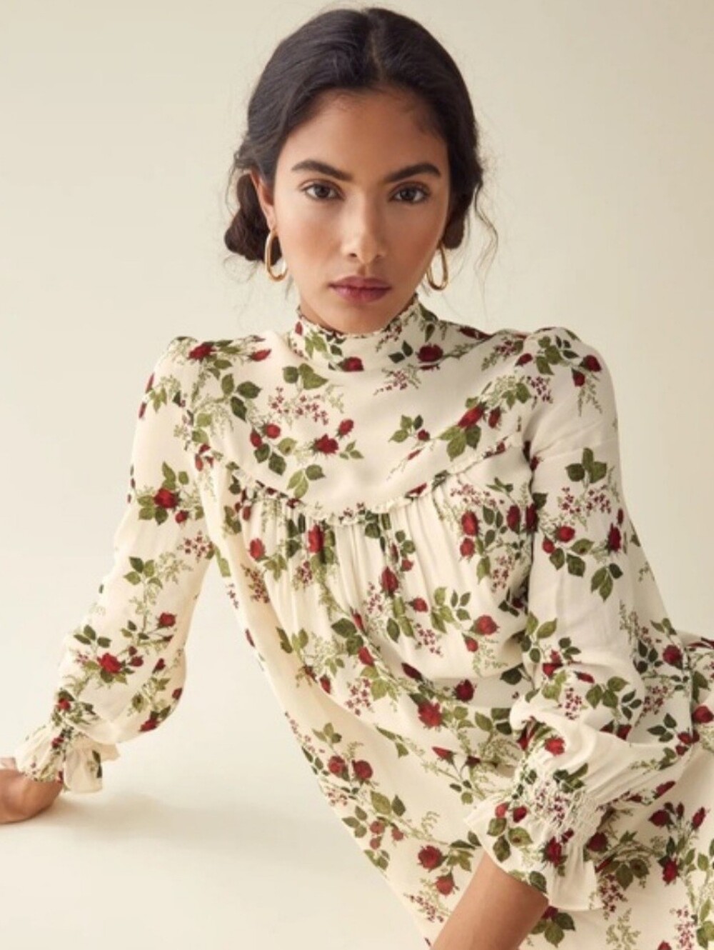 Reformation Jourdan Cream Floral High-Neck Dress with Red and Green Print